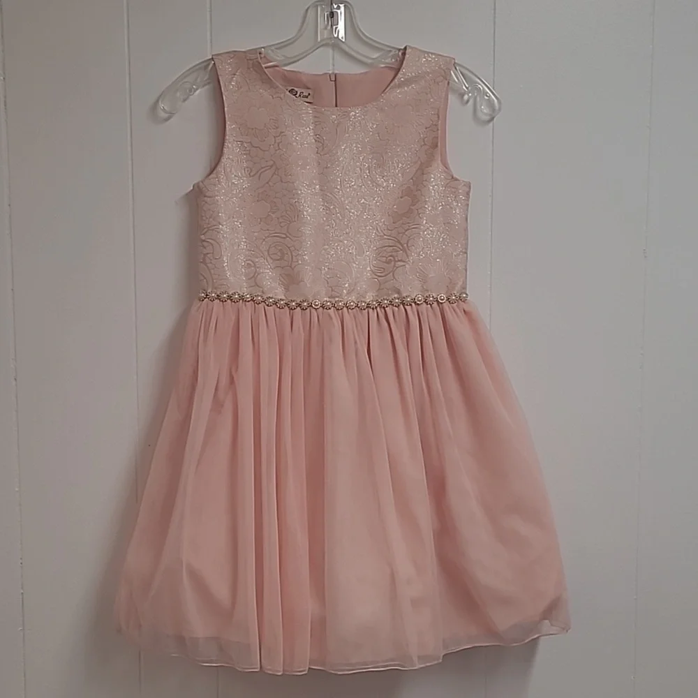 Purple Rose Girl's Skater Style Peachy Pink Brocade Sleeveless Tulle Dress Sz 10
